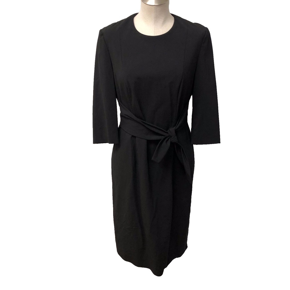 Hugo Boss‎ Dawini Tie Waist Wool Sheath Dress Womens 8 Black 3/4 Sleeve Business